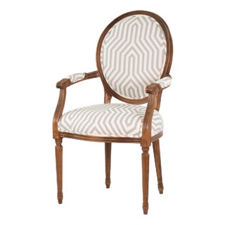 Mid 20th Century New Schumacher Vanderbilt Linen on Antique Louis XVI Walnut Fauteuil, French Accent Chair, Reupholstered Bergere For Sale