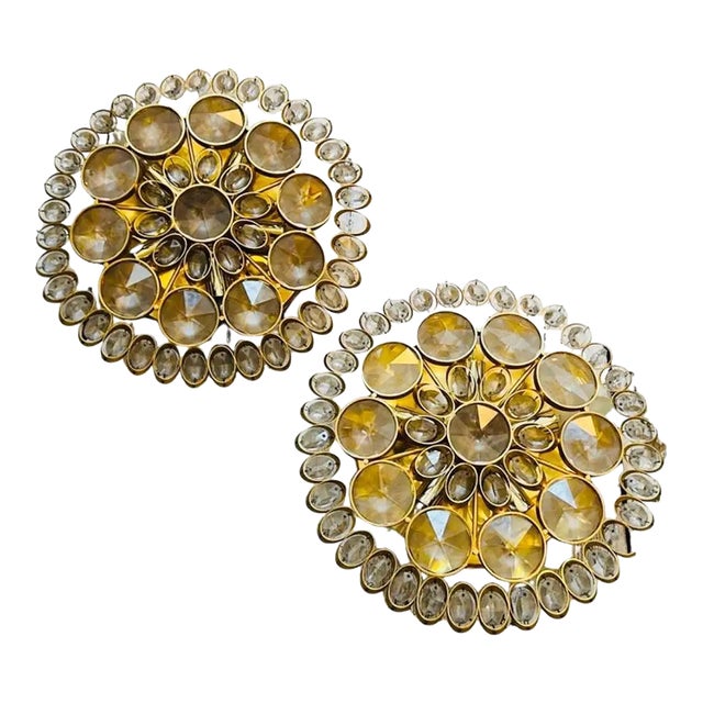 Two 1960s Mid-Century Modern Brass and Glass Wall Sconces or Ceiling Lights For Sale