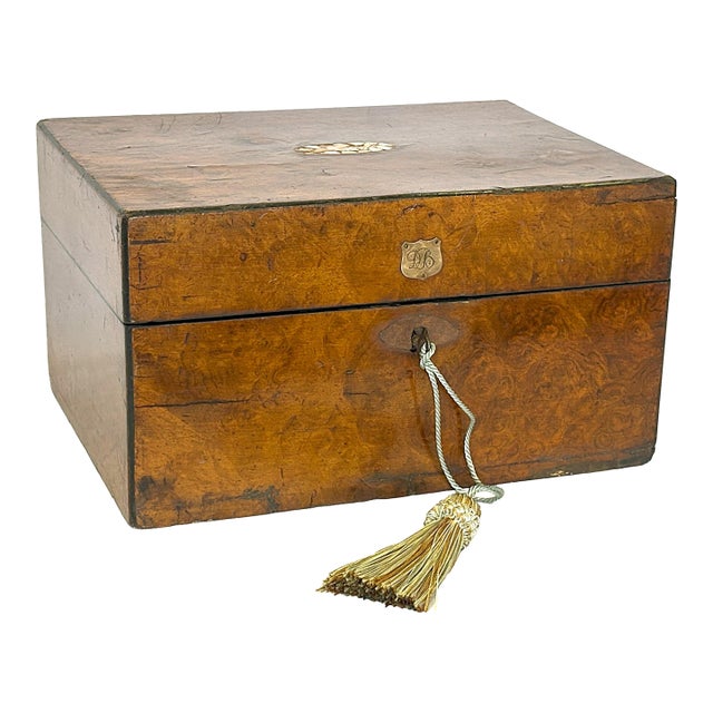 Antique English Burlwood Writing Box With Blue Velvet Lining and Mother-of-Pearl Inlay For Sale