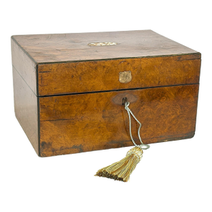 Antique English Burlwood Writing Box With Blue Velvet Lining and Mother-of-Pearl Inlay