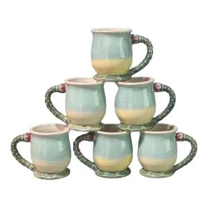 Late 20th Century Set of 6 Majolica Glazed Pottery Hand Made Berry Handle Coffee Tea Cups Mugs