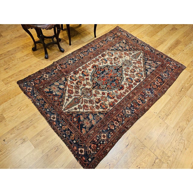 Navy Blue Antique Persian Malayer Rug, Hand-Knotted Wool, Geometric Pattern, 4x6, Ivory & Navy For Sale - Image 8 of 18