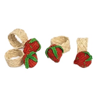 Sharland England Iraca Palm Napkin Rings with Strawberry Charm - Set of 4 For Sale