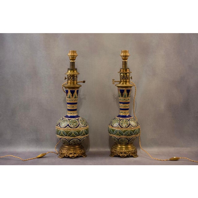 Electrified Kerosene Lamps in Glazed Earthenware with Gilt Bronze Mounts and Geometric Decor from Longwy, Late 19th Century, Set of 2 For Sale - Image 11 of 14