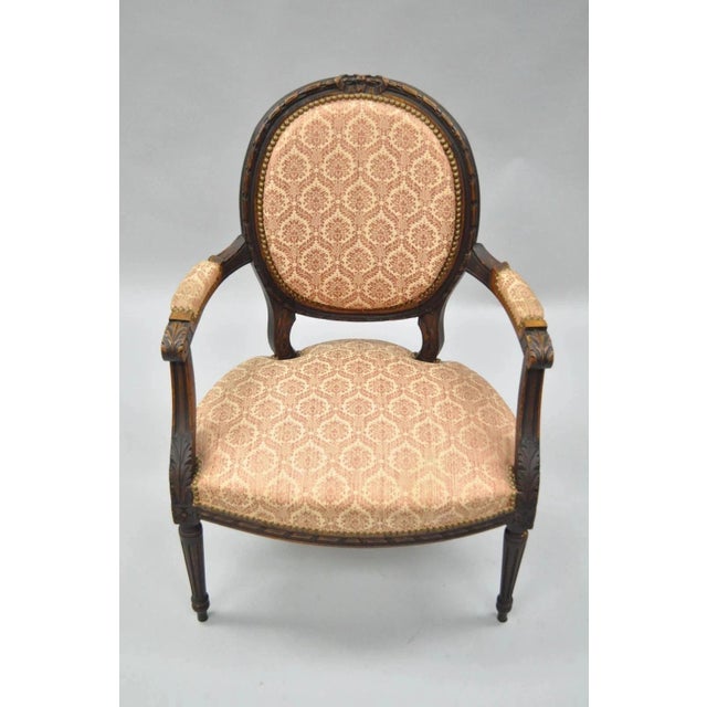 Antique French Louis XVI Style Bow Carved Walnut Fauteuil Fireside Arm Chair For Sale - Image 11 of 11