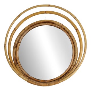 Vintage Round Wicker and Bamboo Mirror, 1970s For Sale