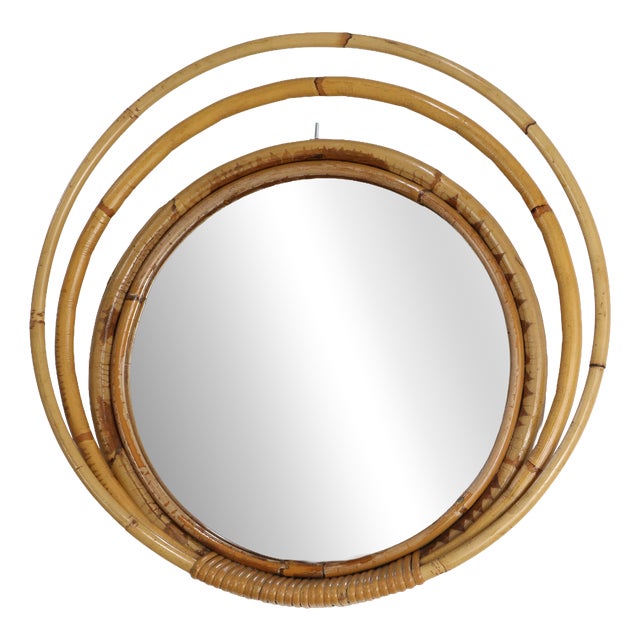 Vintage Round Wicker and Bamboo Mirror, 1970s For Sale