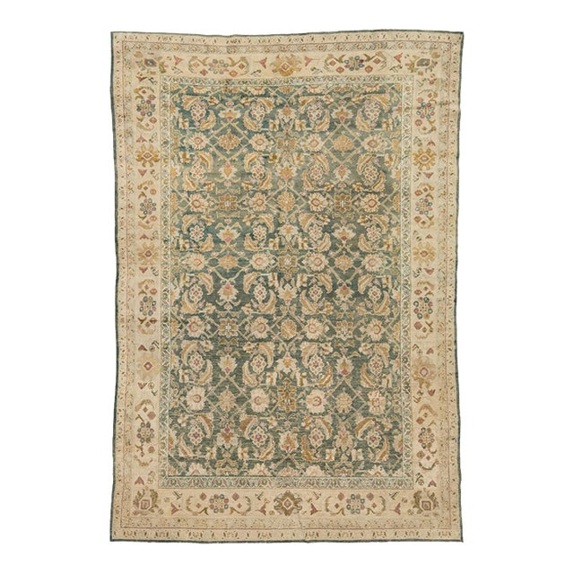 6x9 Antique Agra Style Wool Rug in Muted Sage Green, Ochre, and Ivory For Sale