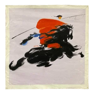 Oil Paint Canvas Art Red Dress Riding Black Horse Wall Decor Painting