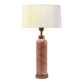 Vintage Pink Marble Column Table Lamp With Brass Accents and Linen Shade For Sale