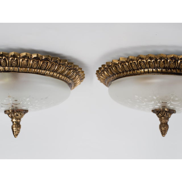Brass 1960s Spanish Brass Flush Mounts & Etched Frosted Glass - A Pair For Sale - Image 8 of 11