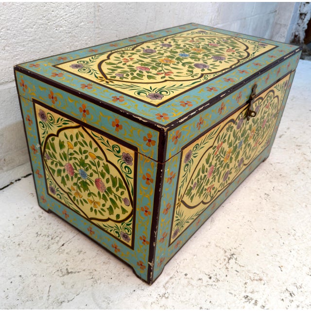 Vintage Hand-Painted Wooden Floral Folk Art Storage Trunk For Sale - Image 10 of 13