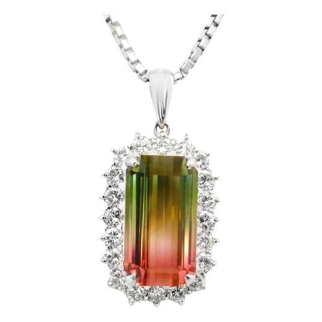 12.53 Carat Watermelon Tourmaline Diamond-Halo Platinum Pendant Necklace For Sale