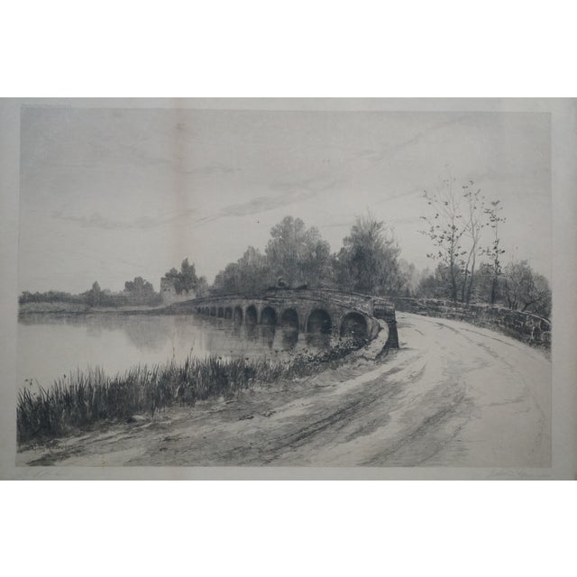 Antique Louis Kinney Harlow Signed Stone Bridge River Landscape Etching 27" For Sale - Image 6 of 11