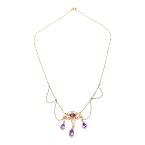 Edwardian Style 14k Gold, Amethyst, & Pearl Lavalier Festoon Necklace