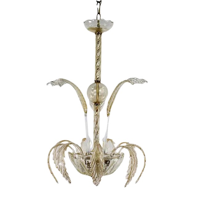 MidCentury 24k Gold Infused and Rigaree Murano Frond Pendant Light For Sale