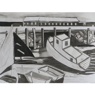 Boats in Provincetown, Contemporary Black and White Drawing of a Harbor For Sale