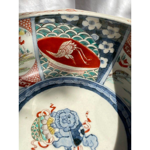 Large 19th Century Japanese Imari Octagonal Bowl With Karashishi & Landscape Panels For Sale - Image 4 of 18