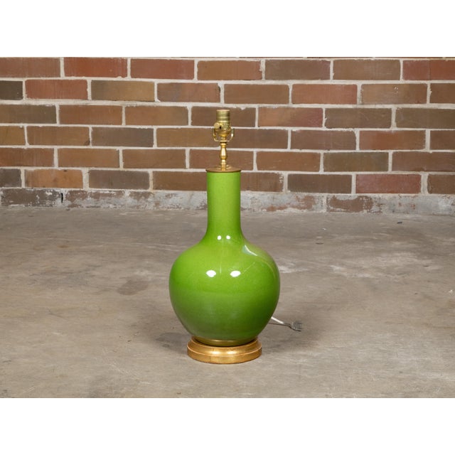 Apple Green Porcelain Vase Table Lamp on Gilt Base, Wired for the USA For Sale - Image 9 of 9