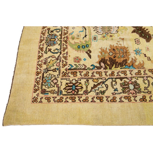 Mid-Century Modern Style Beige/Tan Handmade Floral Wool Rug For Sale - Image 4 of 8