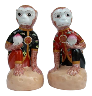 Vintage C.1970's Porcelain Ceramic Hand Painted Chinoiserie Monkeys With Kimonos - a Pair