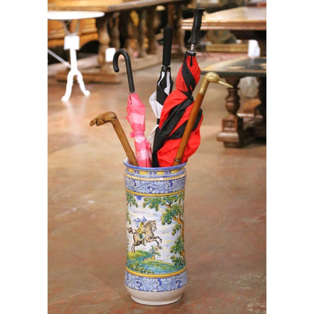 Italian Mid-Century Italian Hand-Painted Majolica Umbrella Stand With Hunt Scene For Sale - Image 3 of 14