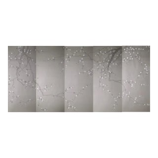 Grey Plum Blossom Wallpaper Hand Painted Mural Dining Room Feature Wall Panels For Sale