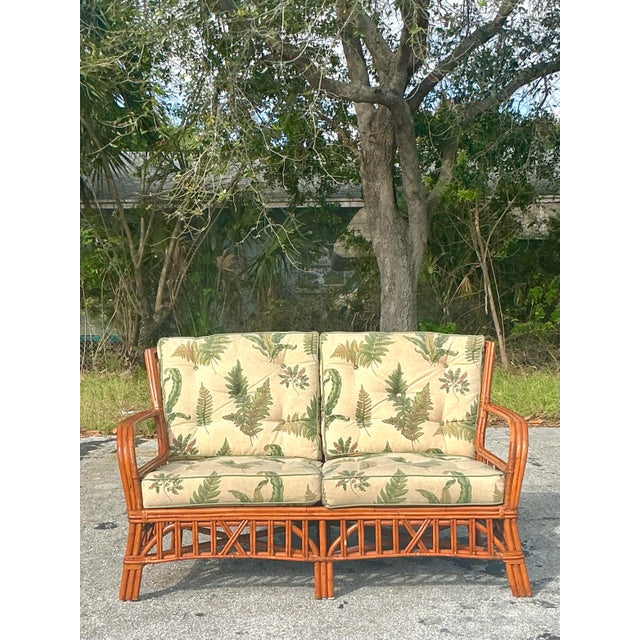 Sienna Vintage Coastal Bent Rattan Fern Print Loveseat For Sale - Image 8 of 8