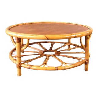 1970s Vintage Boho Chic Round Rattan Coffee Table With Mahogany Wood For Sale