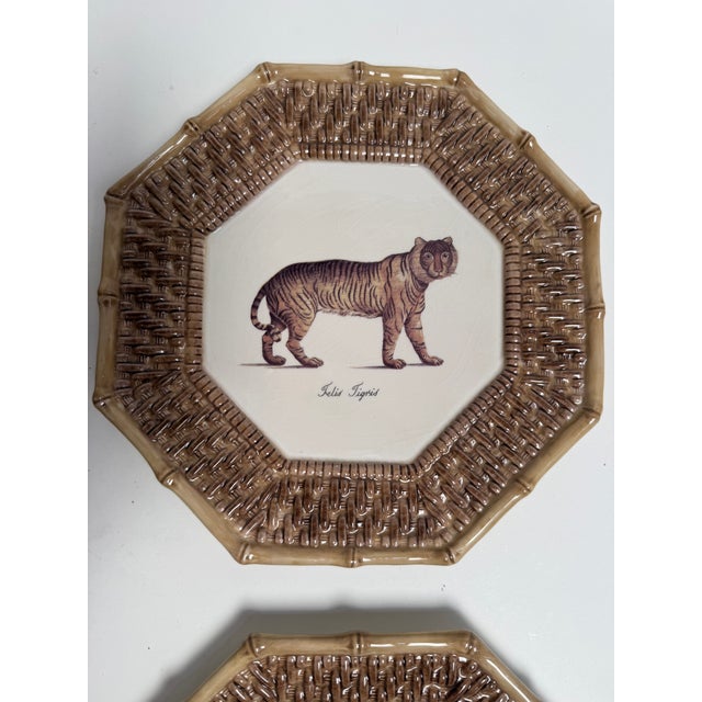 2000 - 2009 4 VTG Raymond Waites Empire Plates Brown Rattan Tiger Leopard Octagon 9.5" For Sale - Image 5 of 10