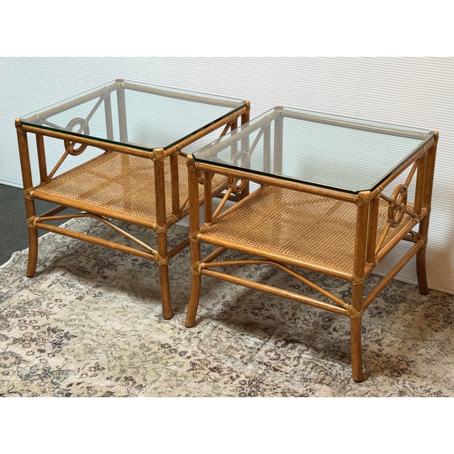 McGuire Furniture Rattan Target Design Side Tables, Pair For Sale - Image 10 of 12