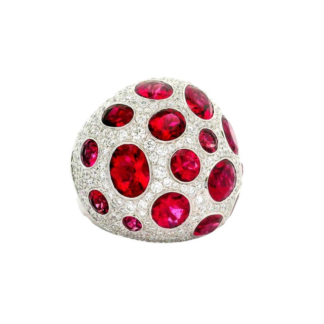 Rubellite Tourmaline Diamond 18k White Gold Dome Cocktail Ring, Size 6.75 For Sale - Image 4 of 8