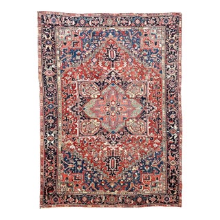 Antique Heriz Rug with Deep Denim Corners, Corals, Salmon, Cloud-Blue Rug 8 x 11.2 For Sale