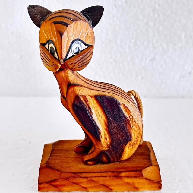 Brown Vintage Mid-Century Carved Wood Springy/Bobble Head Cat Figurine For Sale - Image 8 of 8