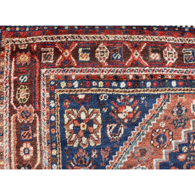 Antique Persian Shiraz Rug Tri-Medallion Geometrics in Rusty Orange and Blue** For Sale In Atlanta - Image 6 of 14