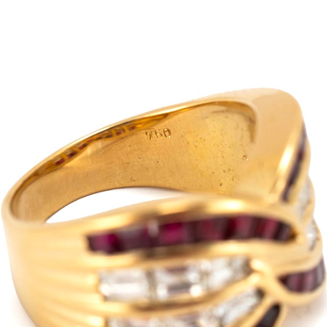 Metal Vintage 18k Yellow Gold 2.63ctw Invisible Ruby Baguette Diamond Crossover Band, Size 6 For Sale - Image 7 of 8