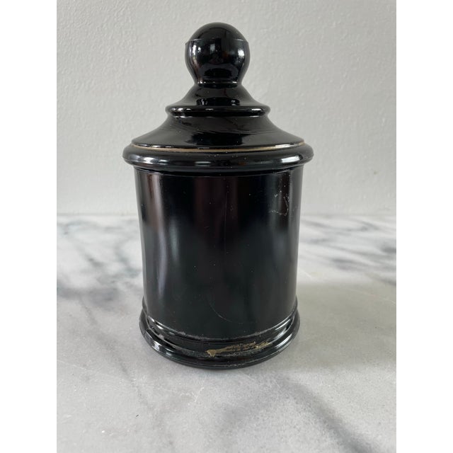 Art Deco Vintage Black Glass Apothecary Jar Jean Vivaudou Co. Orloff Bergamot Men's Bath Talc For Sale - Image 3 of 9