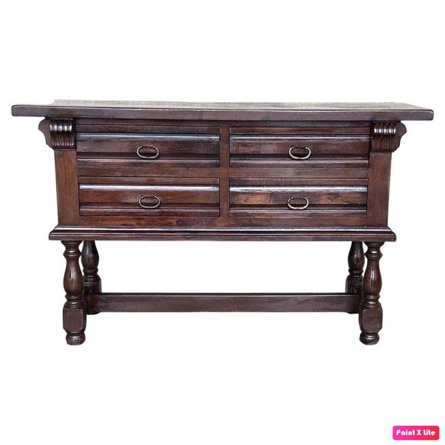 Spanish Console Chest Table With Four Carved Drawers and Original Hardware For Sale - Image 10 of 10