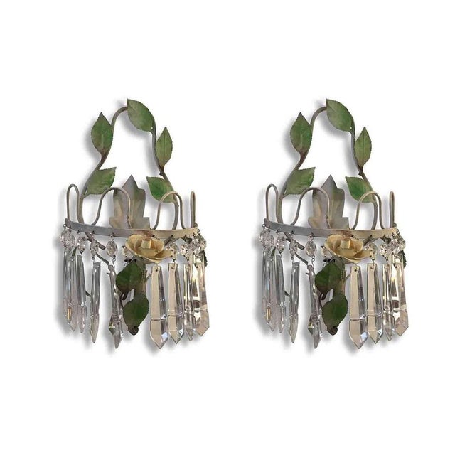 1970s Green Lacquered Iron and Crystal Wall Lamps, 1970s, Set of 2 For Sale - Image 5 of 5