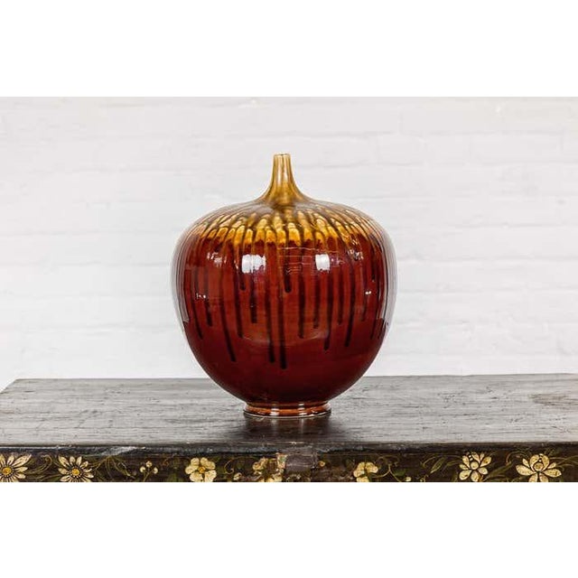 Ceramic Hand-Crafted Artisan Tri-Color Brown Vase with Rounded Silhouette and Dripping For Sale - Image 7 of 12
