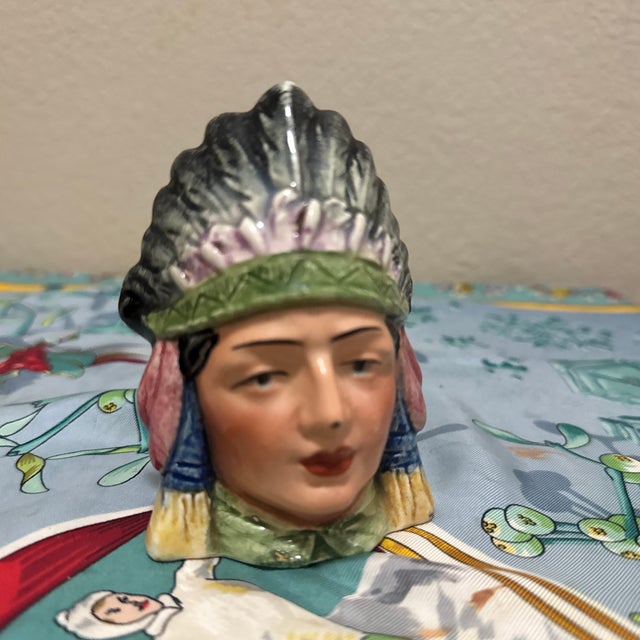 Antique Figural Majolica Native American Chief Tobacco Humidor Jar, Circa 1910 For Sale - Image 9 of 11