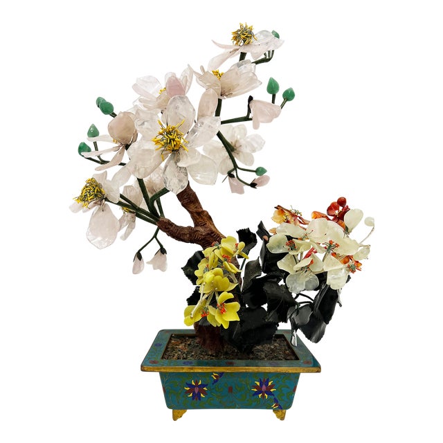 Vintage Chinese Jade Precious Stone Bonsai Tree Sculpture, Cloisonné Planter For Sale