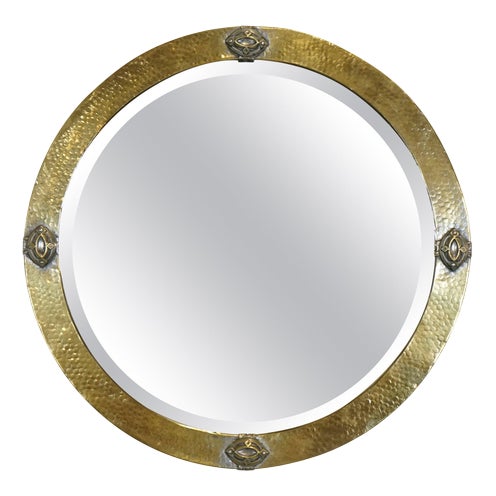 Arts & Crafts Hammered Brass Wall Mirror from Libertys of London, 1910 For Sale