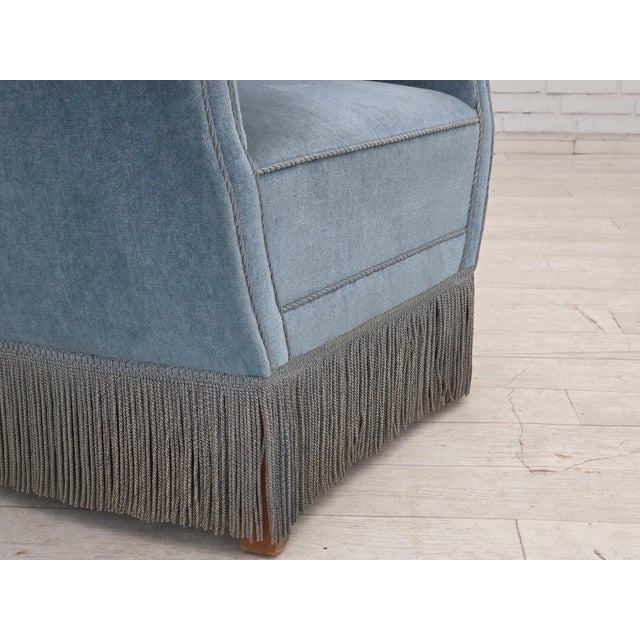 Blue Set of Vintage Danish Chair with Ottoman in Blue Furniture Velour and Oak, 1960s For Sale - Image 8 of 18