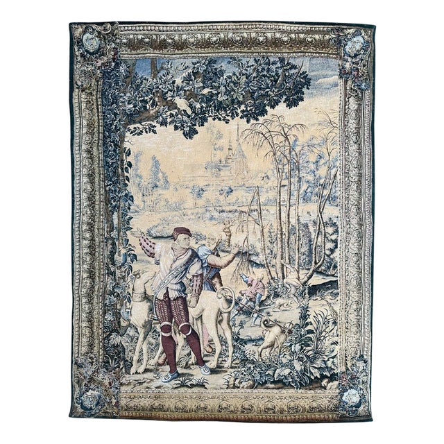 Vintage French Aubusson Style Hand-Printed Tapestry with Medieval Motif, 1950s For Sale