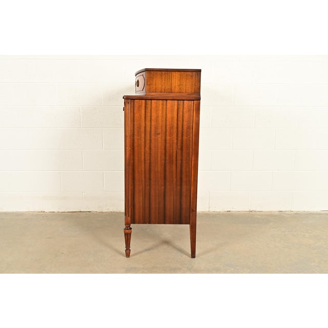 Antique French Regency Louis XVI Burled Walnut Highboy Dresser by Simmons Furniture, Circa 1930s For Sale - Image 12 of 14