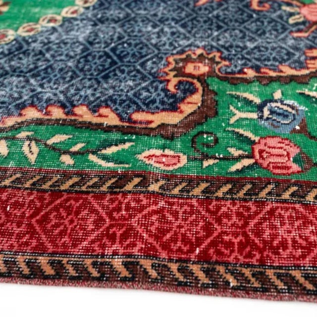 Vintage Distressed Turkish Isparta Rug 5'6" X 9'2" Hand-Knotted Wool, Navy Green Red Rose Medallion Art Deco Design For Sale - Image 4 of 9