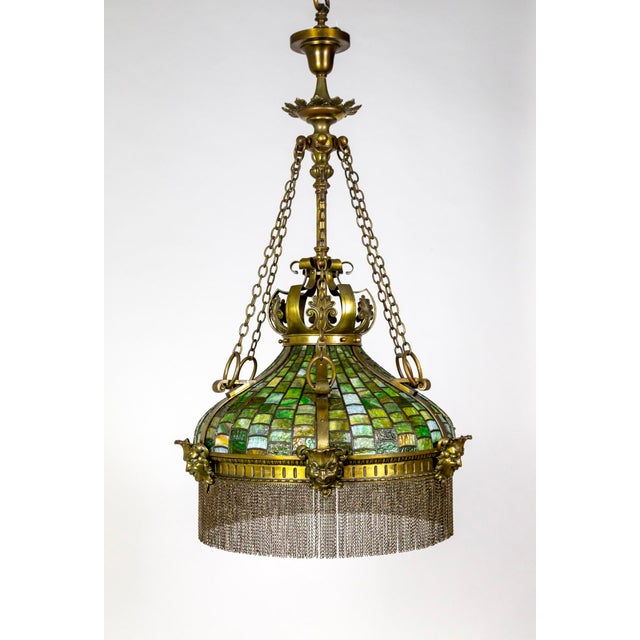 19th Century Victorian Art Nouveau Green Slag Glass & Brass Mascaron Pendant Light With Chain Fringe For Sale - Image 13 of 13