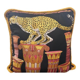 Vintage Salvatore Ferragamo Silk Leopard & Egyptian Motif Pillow For Sale
