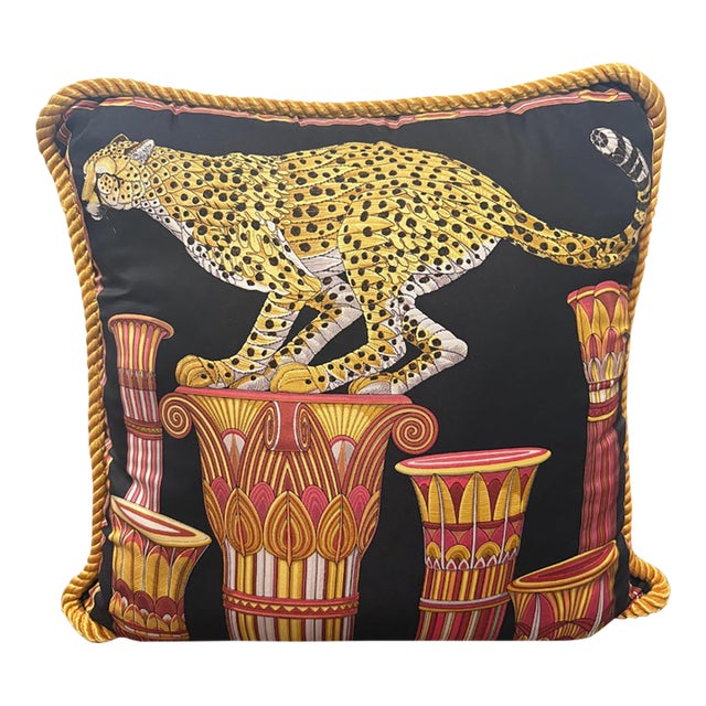 Vintage Salvatore Ferragamo Silk Leopard & Egyptian Motif Pillow For Sale